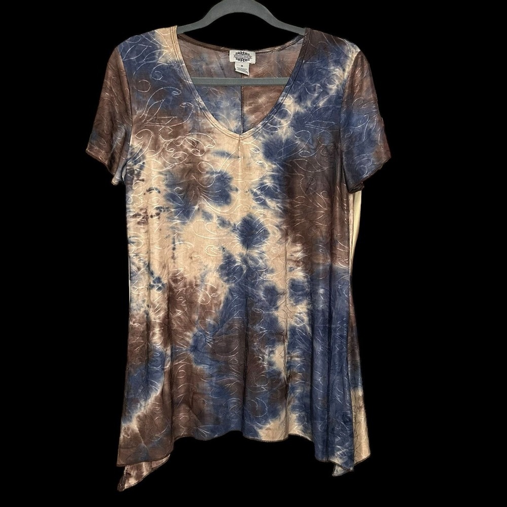 Y2K Brown and Blue Tie Dye Shark Bite Hem Shirt Size M